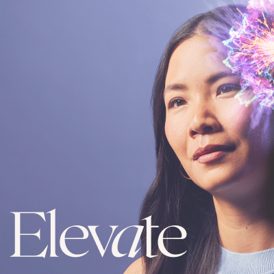 a portrait of a woman with multi-coloured sparks on a blue background